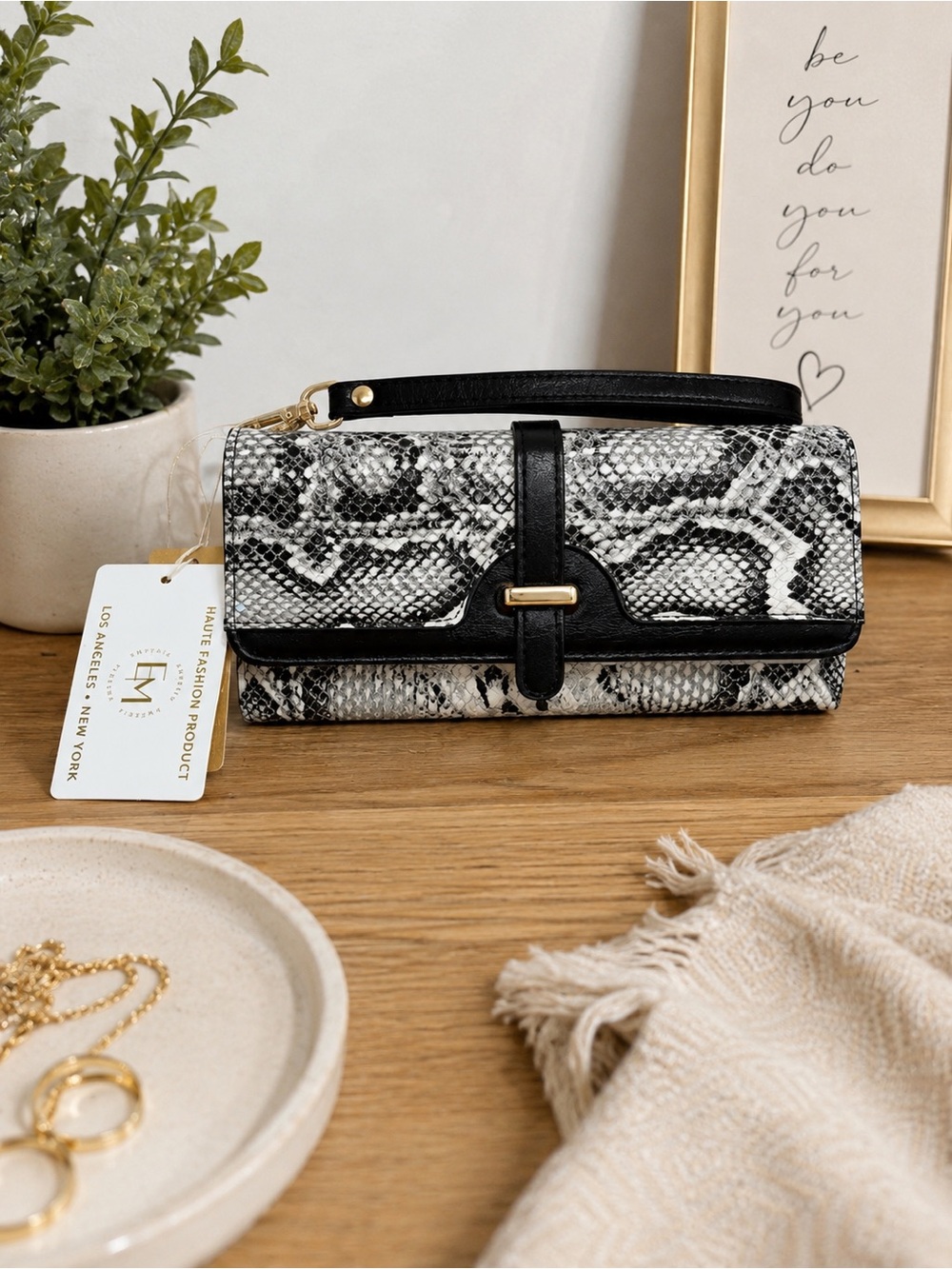 Snake-Print Wristlet Wallet in Black & White